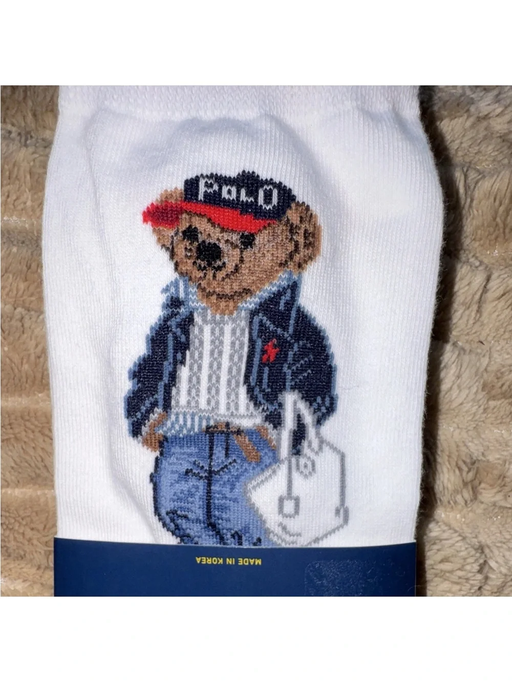 Polo by Ralph Lauren White Crew Socks with Bear Graphic and Red Trim